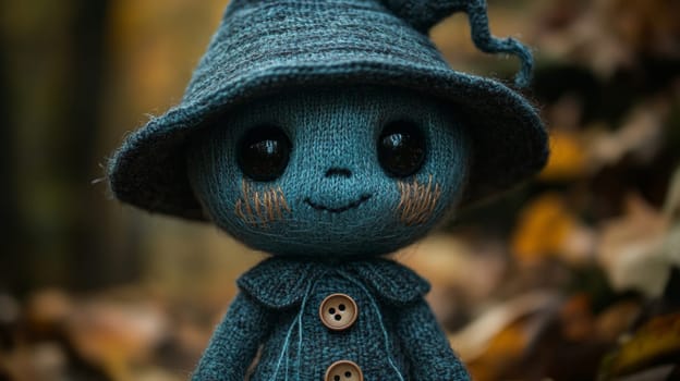 Blue knitted doll in forest setting, whimsical fantasy art.