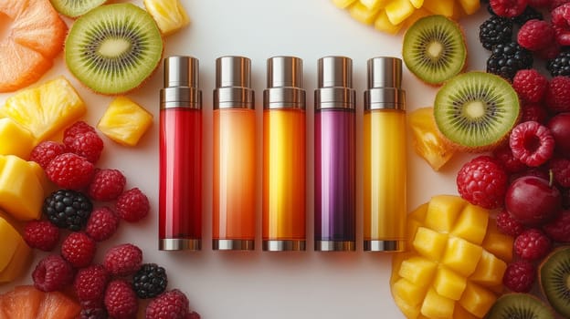 Colorful vape, electronic cigarette with assorted fruits on white background, vibrant composition.