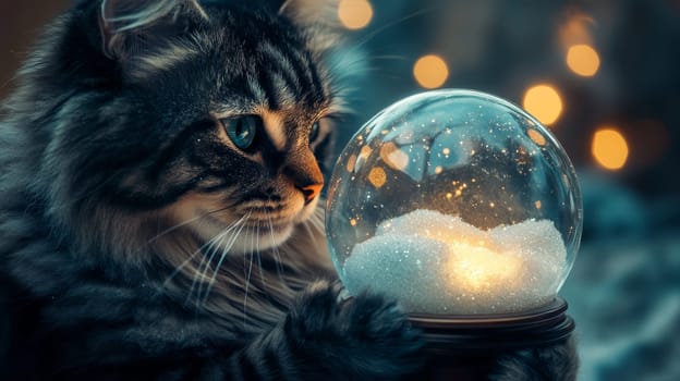 Cat gazing at illuminated snow globe with warm bokeh, cozy winter concept.