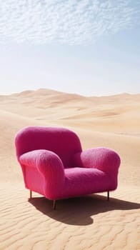 Pink armchair on desert sand dunes under a blue sky, surreal art concept.