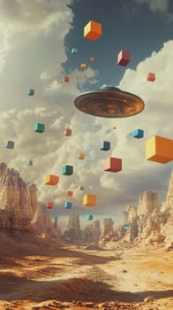 floating cubes and ufo over desert landscape, surreal scene of imagination and exploration concept.