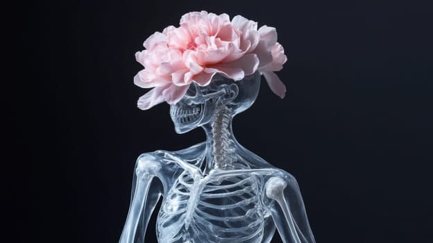 Transparent human skeleton with pink flower head on dark background. Artistic anatomy and nature concept.