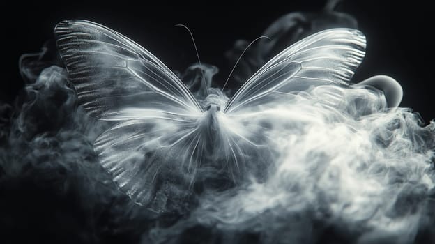 Ethereal butterfly emerging from smoke on dark background, surreal nature art concept.