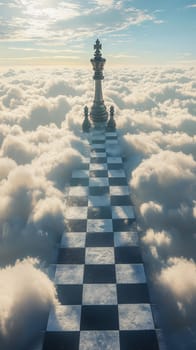 chess king on a floating chessboard pathway above clouds.