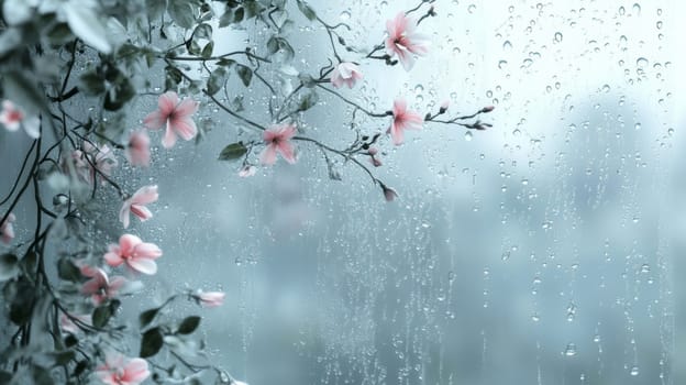 Delicate pink flowers on a rainy window, serene ambiance. Nature and tranquility concept.