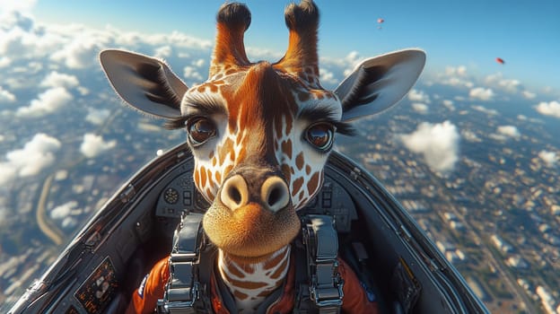 Giraffe piloting a fighter jet in the sky, whimsical adventure concept.