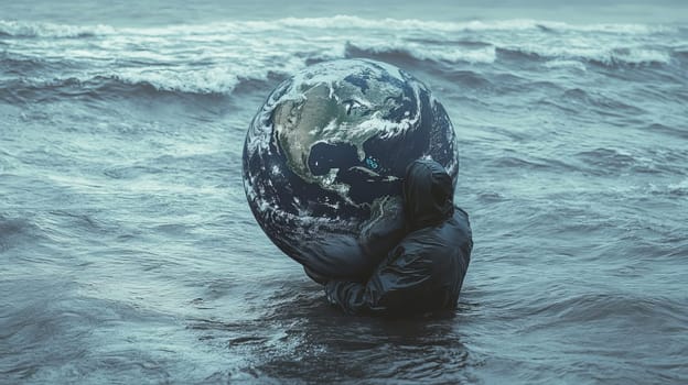 Person holding earth in ocean waves, environmental concept.