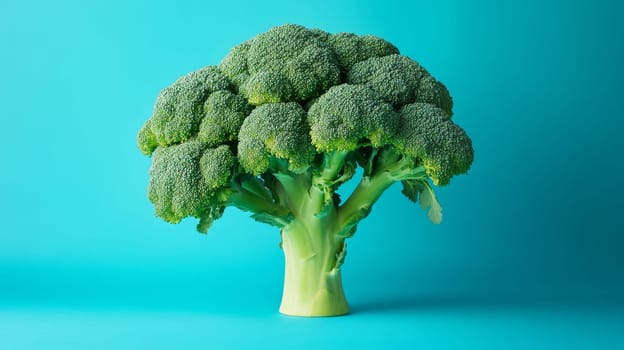 Fresh broccoli on turquoise background, minimalistic concept.