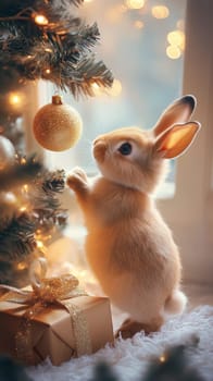 Cute bunny near christmas tree with golden ornament and gift.