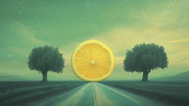 Surreal landscape with road and giant lemon slice between two trees under a green sky.