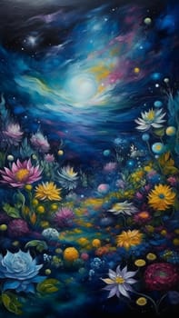 Enchanting oil painting of vibrant flowers blooming under a galaxy filled night sky, illuminated by a shining moon, evoking wonder and awe