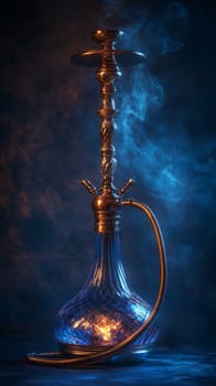 Ornate hookah with smoke in dimly lit setting, atmospheric design concept.