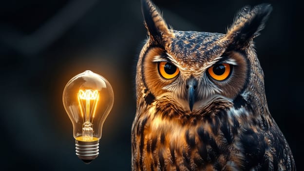 Owl with glowing light bulb, creative concept. Wisdom and innovation concept.