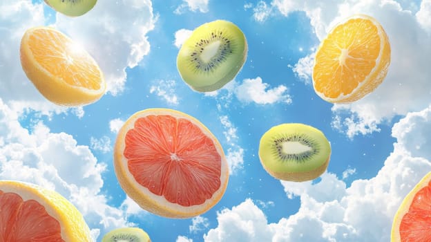 Floating citrus and kiwi slices against a cloudy sky. Creative surreal fruit concept.