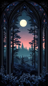 gothic archway framing moonlit forest with starry sky, serene landscape concept.