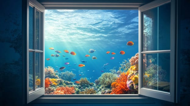 Underwater view from open window with colorful coral reef and fish, nature exploration and marine life concept.