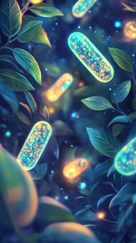 Glowing capsules floating among leaves in a mystical forest, fantasy concept.