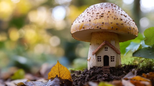 Tiny house under a large mushroom in forest, whimsical scene. Fantasy miniature architecture concept.