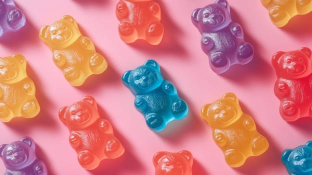 Colorful gummy bears on pink background, playful snacks concept.