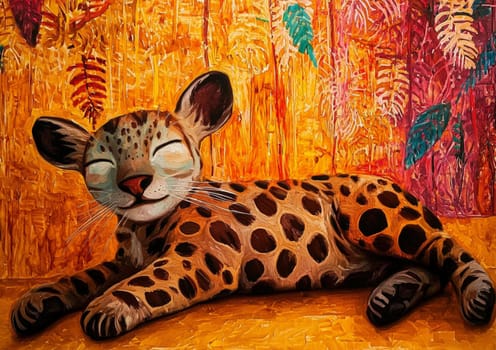Colorful impasto oil painting of a leopard lying down with its eyes closed in a jungle setting, enjoying the peacefulness of nature