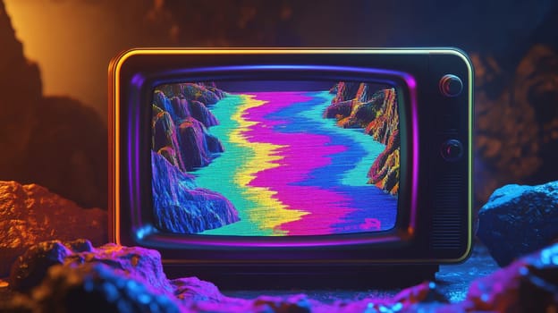 Retro television displaying colorful pixel art river scene, creative digital art concept.