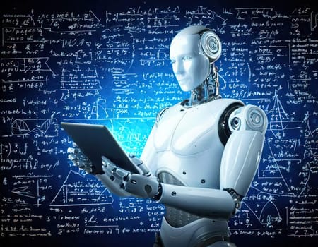 AI's Endless Pursuit of Knowledge.A humanoid robot, surrounded by complex mathematical equations and symbols, is engrossed in a tablet. This captivating image symbolizes AI's insatiable thirst for knowledge and its relentless exploration of the vast universe of information. The robot's focused gaze and the intricate patterns on the tablet hint at the depth and complexity of its intellectual pursuits.