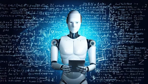 AI's Endless Pursuit of Knowledge.A humanoid robot, surrounded by complex mathematical equations and symbols, is engrossed in a tablet. This captivating image symbolizes AI's insatiable thirst for knowledge and its relentless exploration of the vast universe of information. The robot's focused gaze and the intricate patterns on the tablet hint at the depth and complexity of its intellectual pursuits.