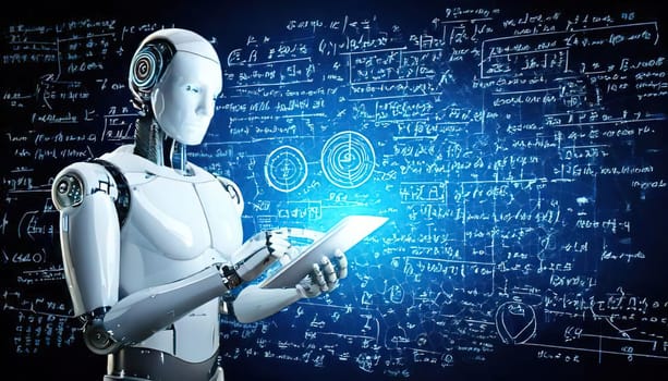 AI's Endless Pursuit of Knowledge.A humanoid robot, surrounded by complex mathematical equations and symbols, is engrossed in a tablet. This captivating image symbolizes AI's insatiable thirst for knowledge and its relentless exploration of the vast universe of information. The robot's focused gaze and the intricate patterns on the tablet hint at the depth and complexity of its intellectual pursuits.