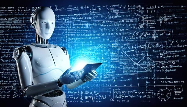 AI's Endless Pursuit of Knowledge.A humanoid robot, surrounded by complex mathematical equations and symbols, is engrossed in a tablet. This captivating image symbolizes AI's insatiable thirst for knowledge and its relentless exploration of the vast universe of information. The robot's focused gaze and the intricate patterns on the tablet hint at the depth and complexity of its intellectual pursuits.