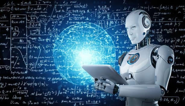 AI's Endless Pursuit of Knowledge.A humanoid robot, surrounded by complex mathematical equations and symbols, is engrossed in a tablet. This captivating image symbolizes AI's insatiable thirst for knowledge and its relentless exploration of the vast universe of information. The robot's focused gaze and the intricate patterns on the tablet hint at the depth and complexity of its intellectual pursuits.