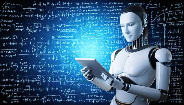 AI's Endless Pursuit of Knowledge.A humanoid robot, surrounded by complex mathematical equations and symbols, is engrossed in a tablet. This captivating image symbolizes AI's insatiable thirst for knowledge and its relentless exploration of the vast universe of information. The robot's focused gaze and the intricate patterns on the tablet hint at the depth and complexity of its intellectual pursuits.