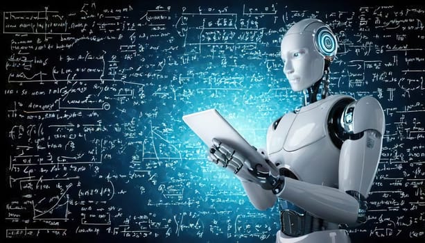 AI's Endless Pursuit of Knowledge.A humanoid robot, surrounded by complex mathematical equations and symbols, is engrossed in a tablet. This captivating image symbolizes AI's insatiable thirst for knowledge and its relentless exploration of the vast universe of information. The robot's focused gaze and the intricate patterns on the tablet hint at the depth and complexity of its intellectual pursuits.