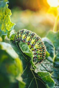 Caterpillar on vegetable leaves, pest control in agriculture concept. Generative AI, animals