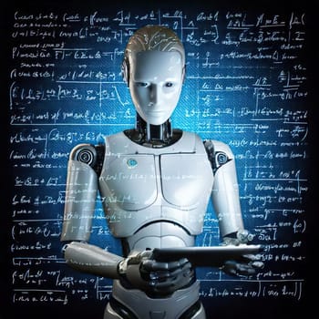 AI's Endless Pursuit of Knowledge.A humanoid robot, surrounded by complex mathematical equations and symbols, is engrossed in a tablet. This captivating image symbolizes AI's insatiable thirst for knowledge and its relentless exploration of the vast universe of information. The robot's focused gaze and the intricate patterns on the tablet hint at the depth and complexity of its intellectual pursuits.