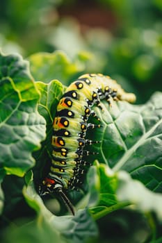 Caterpillar on vegetable leaves, pest control in agriculture concept. Generative AI, animals