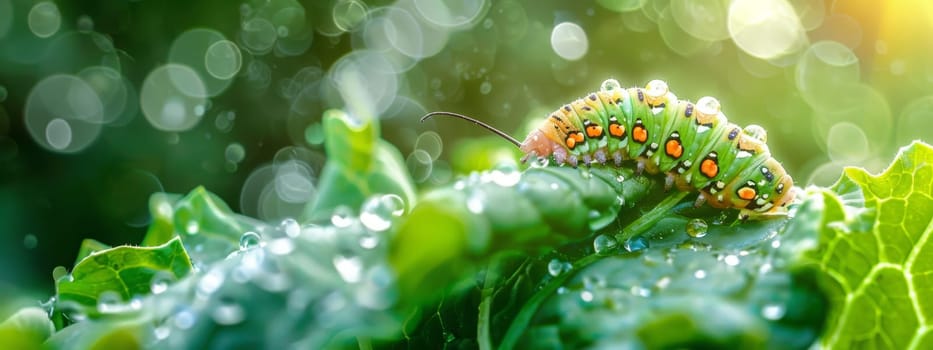 Caterpillar on vegetable leaves, pest control in agriculture concept. Generative AI, animals