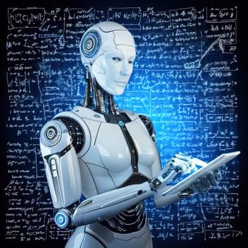 AI's Endless Pursuit of Knowledge.A humanoid robot, surrounded by complex mathematical equations and symbols, is engrossed in a tablet. This captivating image symbolizes AI's insatiable thirst for knowledge and its relentless exploration of the vast universe of information. The robot's focused gaze and the intricate patterns on the tablet hint at the depth and complexity of its intellectual pursuits.