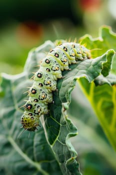 Caterpillar on vegetable leaves, pest control in agriculture concept. Generative AI, animals