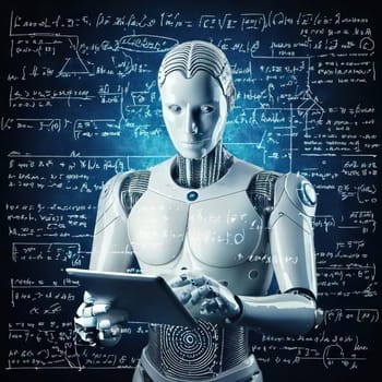 AI's Endless Pursuit of Knowledge.A humanoid robot, surrounded by complex mathematical equations and symbols, is engrossed in a tablet. This captivating image symbolizes AI's insatiable thirst for knowledge and its relentless exploration of the vast universe of information. The robot's focused gaze and the intricate patterns on the tablet hint at the depth and complexity of its intellectual pursuits.