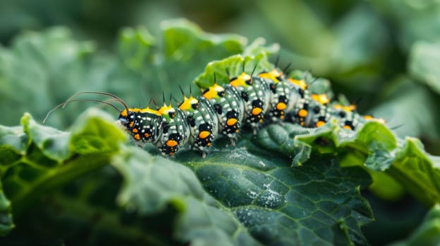 Caterpillar on vegetable leaves, pest control in agriculture concept. Generative AI, animals