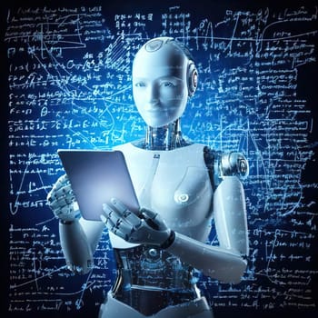 AI's Endless Pursuit of Knowledge.A humanoid robot, surrounded by complex mathematical equations and symbols, is engrossed in a tablet. This captivating image symbolizes AI's insatiable thirst for knowledge and its relentless exploration of the vast universe of information. The robot's focused gaze and the intricate patterns on the tablet hint at the depth and complexity of its intellectual pursuits.