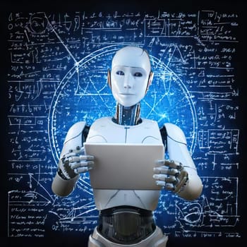 AI's Endless Pursuit of Knowledge.A humanoid robot, surrounded by complex mathematical equations and symbols, is engrossed in a tablet. This captivating image symbolizes AI's insatiable thirst for knowledge and its relentless exploration of the vast universe of information. The robot's focused gaze and the intricate patterns on the tablet hint at the depth and complexity of its intellectual pursuits.
