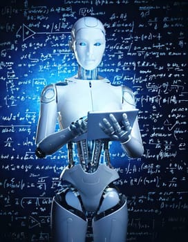 AI's Endless Pursuit of Knowledge.A humanoid robot, surrounded by complex mathematical equations and symbols, is engrossed in a tablet. This captivating image symbolizes AI's insatiable thirst for knowledge and its relentless exploration of the vast universe of information. The robot's focused gaze and the intricate patterns on the tablet hint at the depth and complexity of its intellectual pursuits.