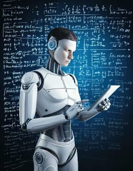AI's Endless Pursuit of Knowledge.A humanoid robot, surrounded by complex mathematical equations and symbols, is engrossed in a tablet. This captivating image symbolizes AI's insatiable thirst for knowledge and its relentless exploration of the vast universe of information. The robot's focused gaze and the intricate patterns on the tablet hint at the depth and complexity of its intellectual pursuits.