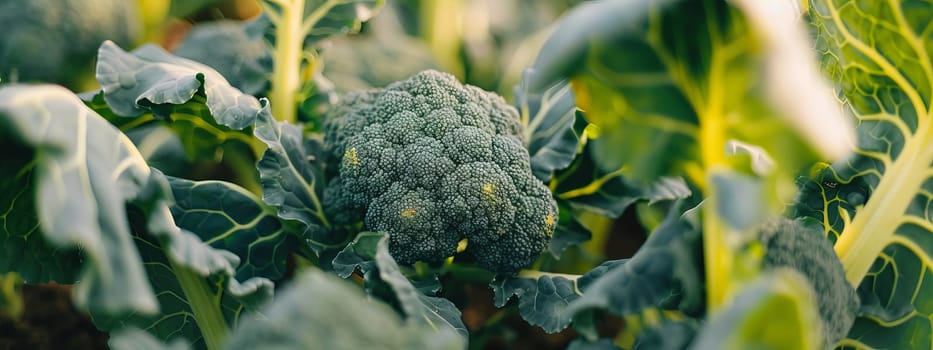 broccoli grows in the garden. young broccoli growing in the vegetable garden. Vegetarian vegetable. A useful product.