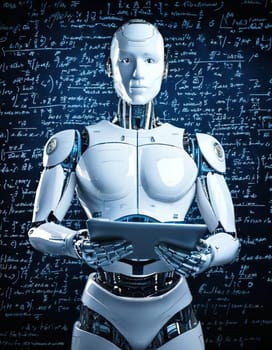 AI's Endless Pursuit of Knowledge.A humanoid robot, surrounded by complex mathematical equations and symbols, is engrossed in a tablet. This captivating image symbolizes AI's insatiable thirst for knowledge and its relentless exploration of the vast universe of information. The robot's focused gaze and the intricate patterns on the tablet hint at the depth and complexity of its intellectual pursuits.