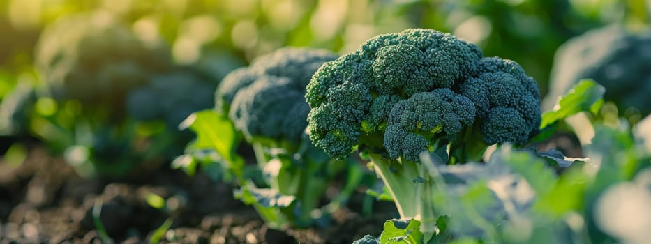 broccoli grows in the garden. young broccoli growing in the vegetable garden. Vegetarian vegetable. A useful product.