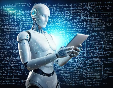 AI's Endless Pursuit of Knowledge.A humanoid robot, surrounded by complex mathematical equations and symbols, is engrossed in a tablet. This captivating image symbolizes AI's insatiable thirst for knowledge and its relentless exploration of the vast universe of information. The robot's focused gaze and the intricate patterns on the tablet hint at the depth and complexity of its intellectual pursuits.