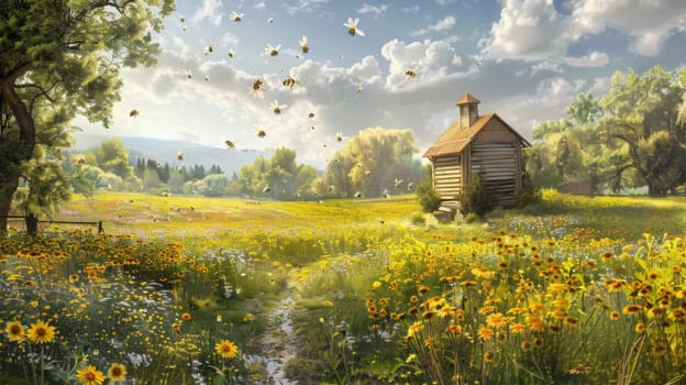 Bees in the meadow and apiary. Selective focus. Generative AI, nature