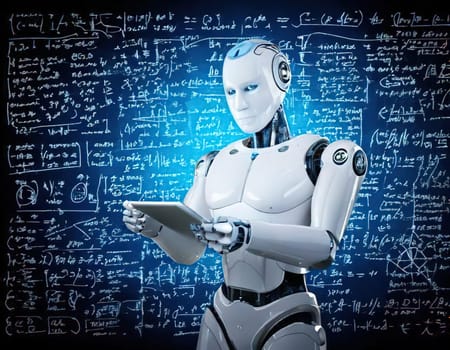 AI's Endless Pursuit of Knowledge.A humanoid robot, surrounded by complex mathematical equations and symbols, is engrossed in a tablet. This captivating image symbolizes AI's insatiable thirst for knowledge and its relentless exploration of the vast universe of information. The robot's focused gaze and the intricate patterns on the tablet hint at the depth and complexity of its intellectual pursuits.